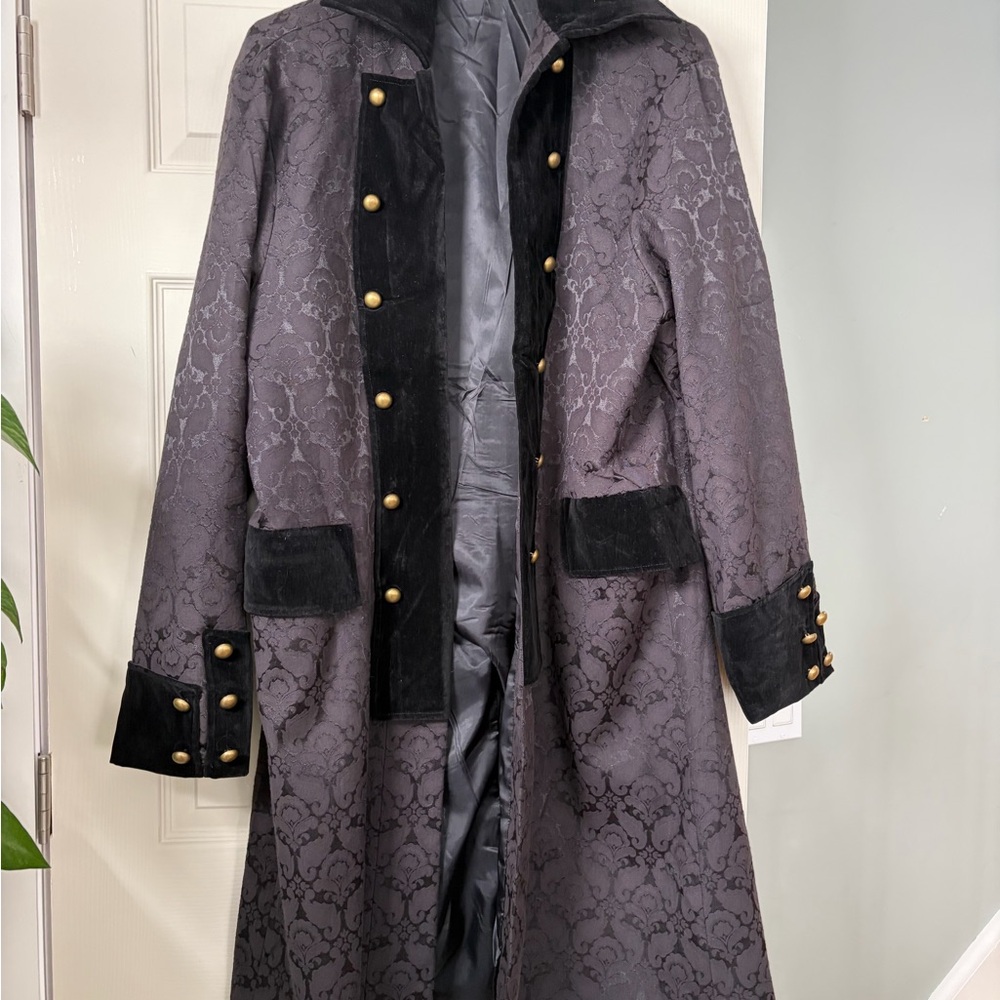 Men's Tailored Brocade Long Coat with Velvet Trim - Black
